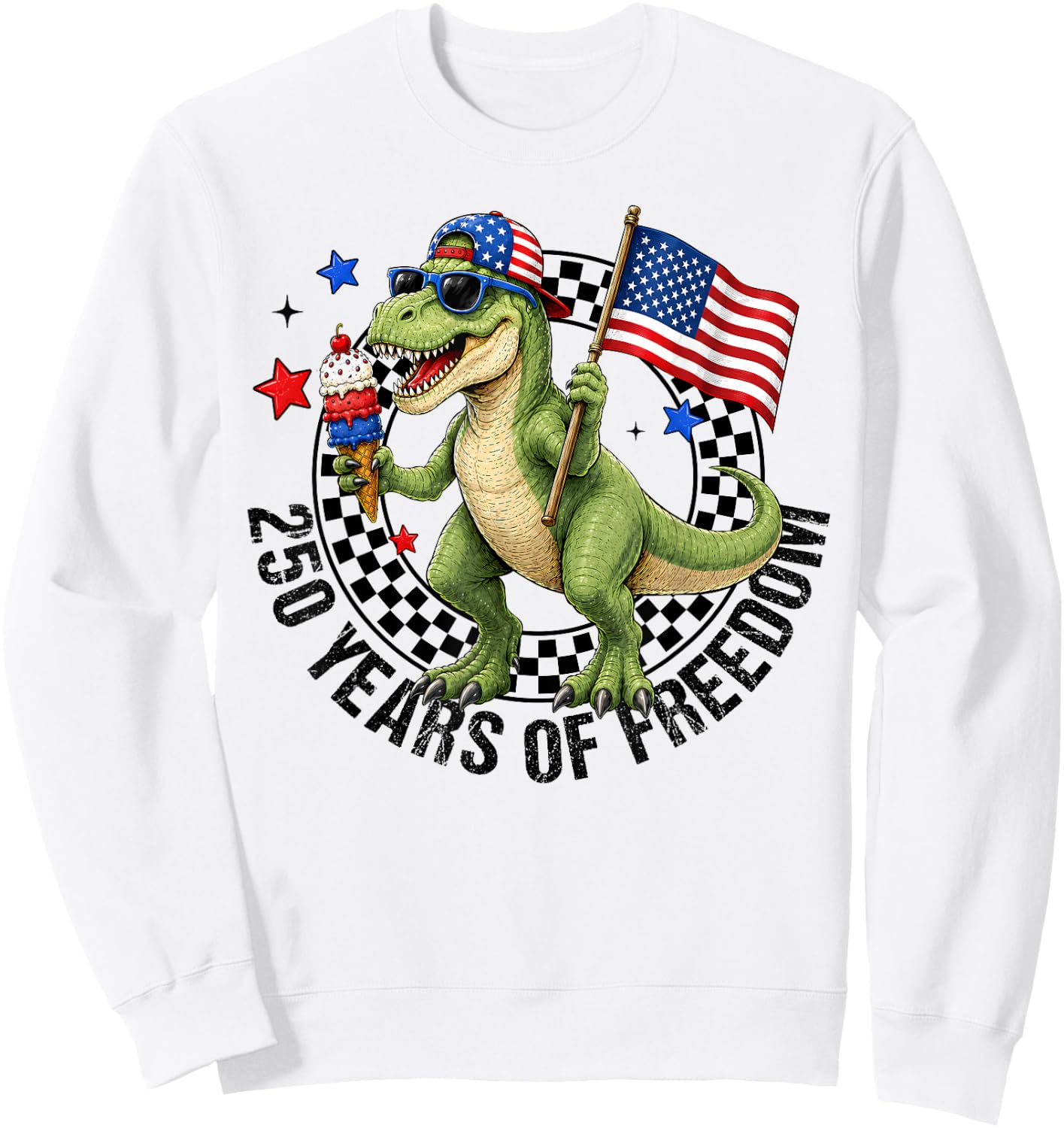 Boy 4th of July T-Rex Happy 250 America 1776-2026 Dinosaur Sweatshirt - Sweatshirt | White