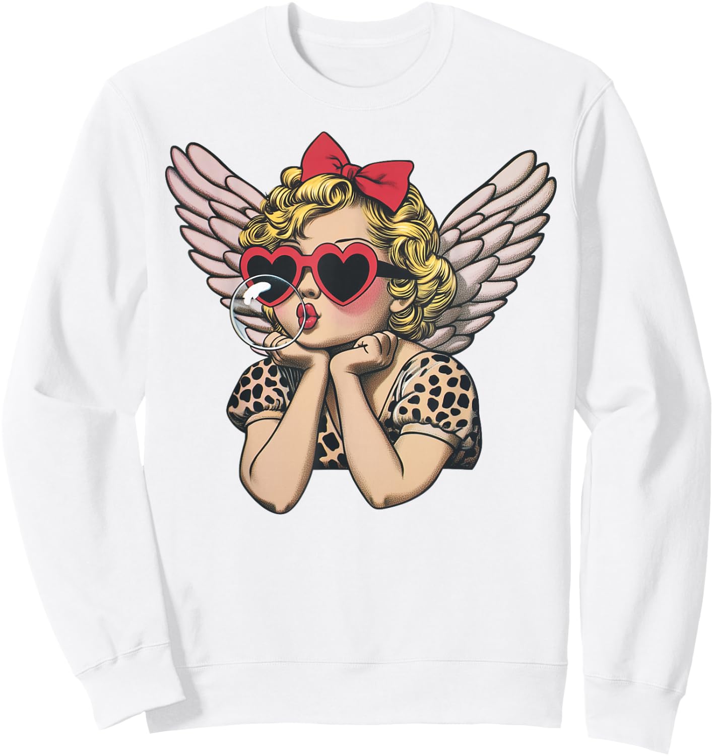 Cupid Blowing Bubble Heart Sunglasses Leopard Valentines Day Sweatshirt - Sweatshirt | White