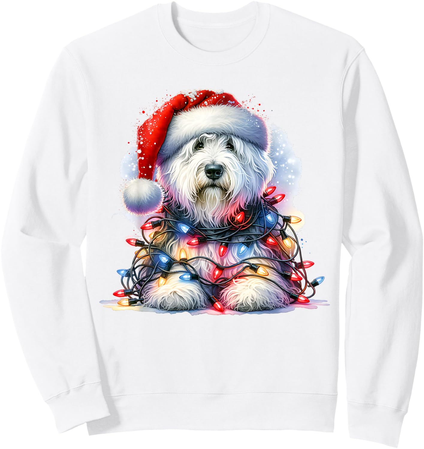Cute Old English Sheepdog Santa Hat Christmas Lights Winter Sweatshirt - Sweatshirt | White