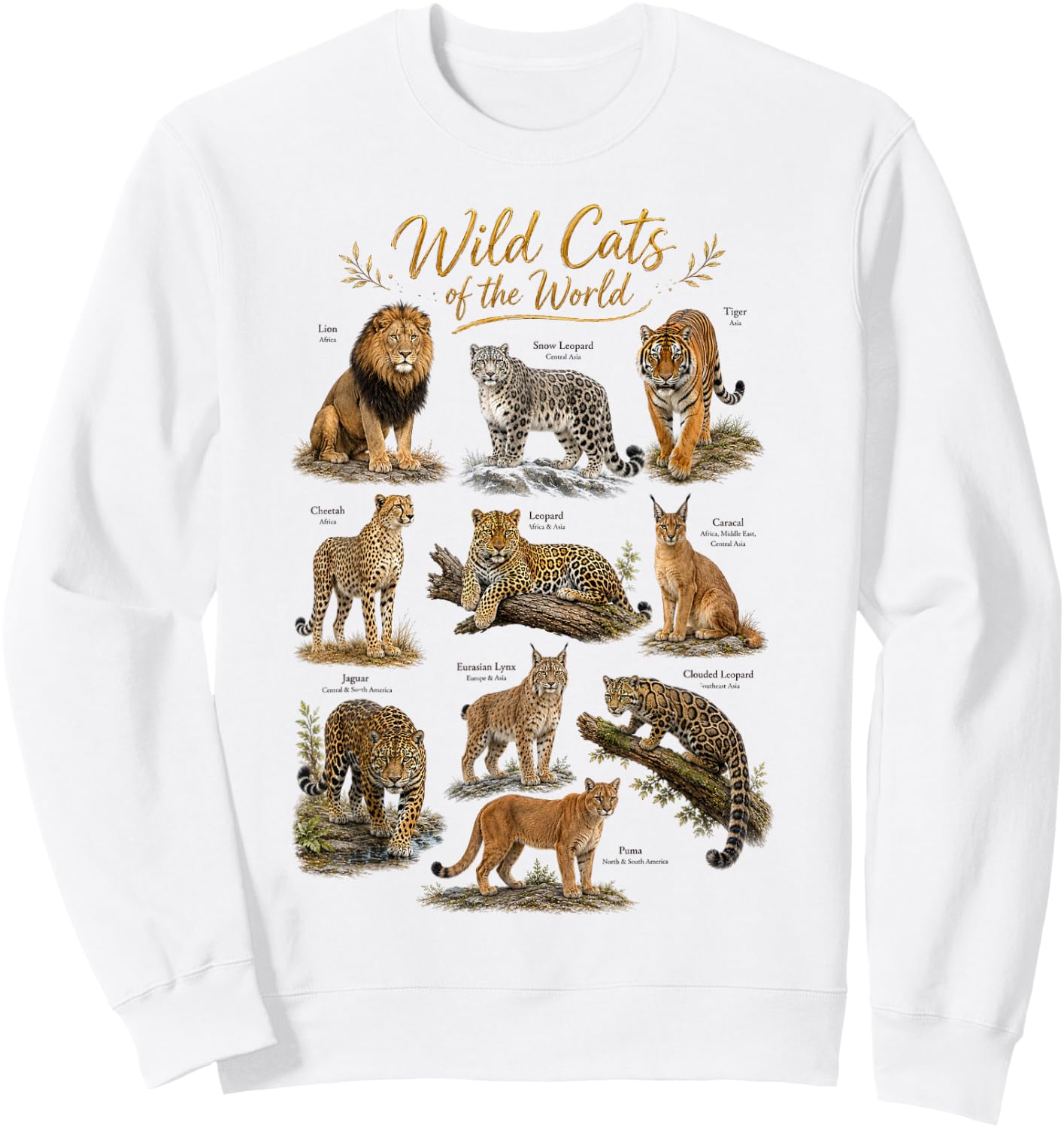 Wild Cats of The World Educational Wild Life Safari Animals Sweatshirt - Sweatshirt | White