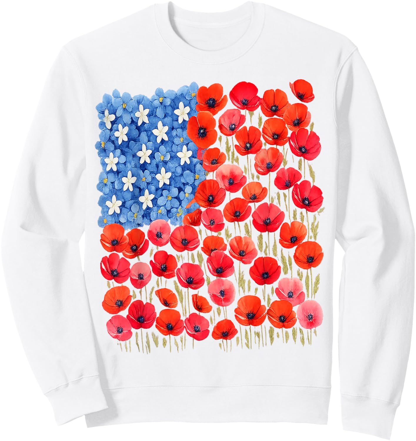 Patriotic Poppies & Hydrangeas Flowers in Floral US Flag Sweatshirt - Sweatshirt | White