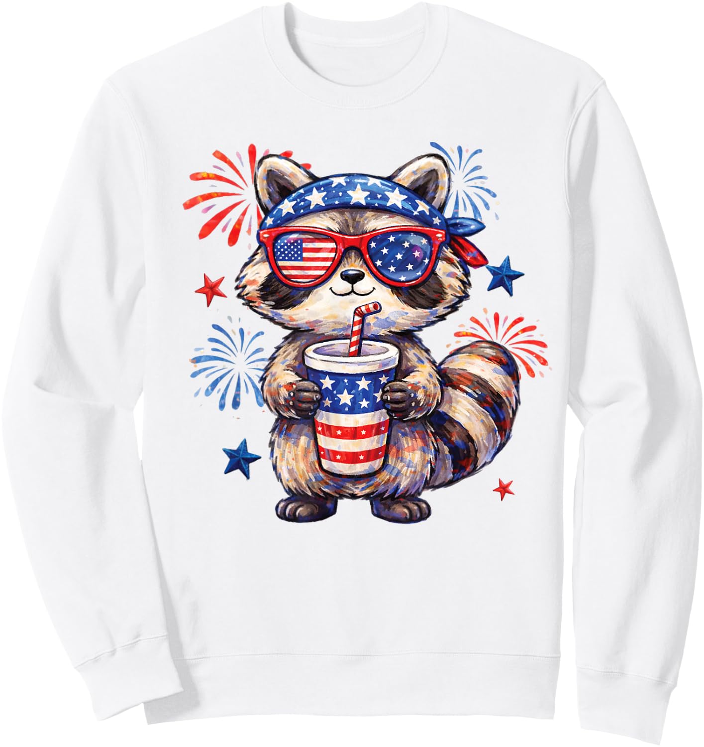 Cute Patriotic Raccoon Fireworks Fourth of July Animal Art Sweatshirt - Sweatshirt | White