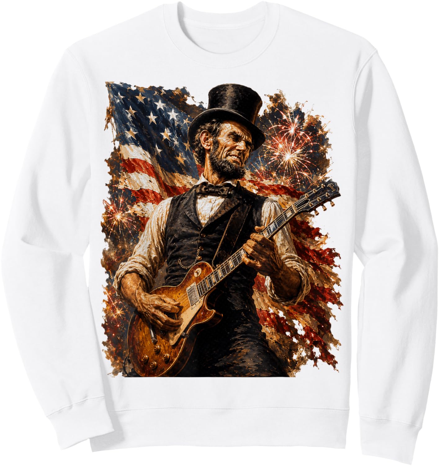 Abraham Lincoln Playing Guitar USA Flag 250 Anniversary Sweatshirt - Sweatshirt | White