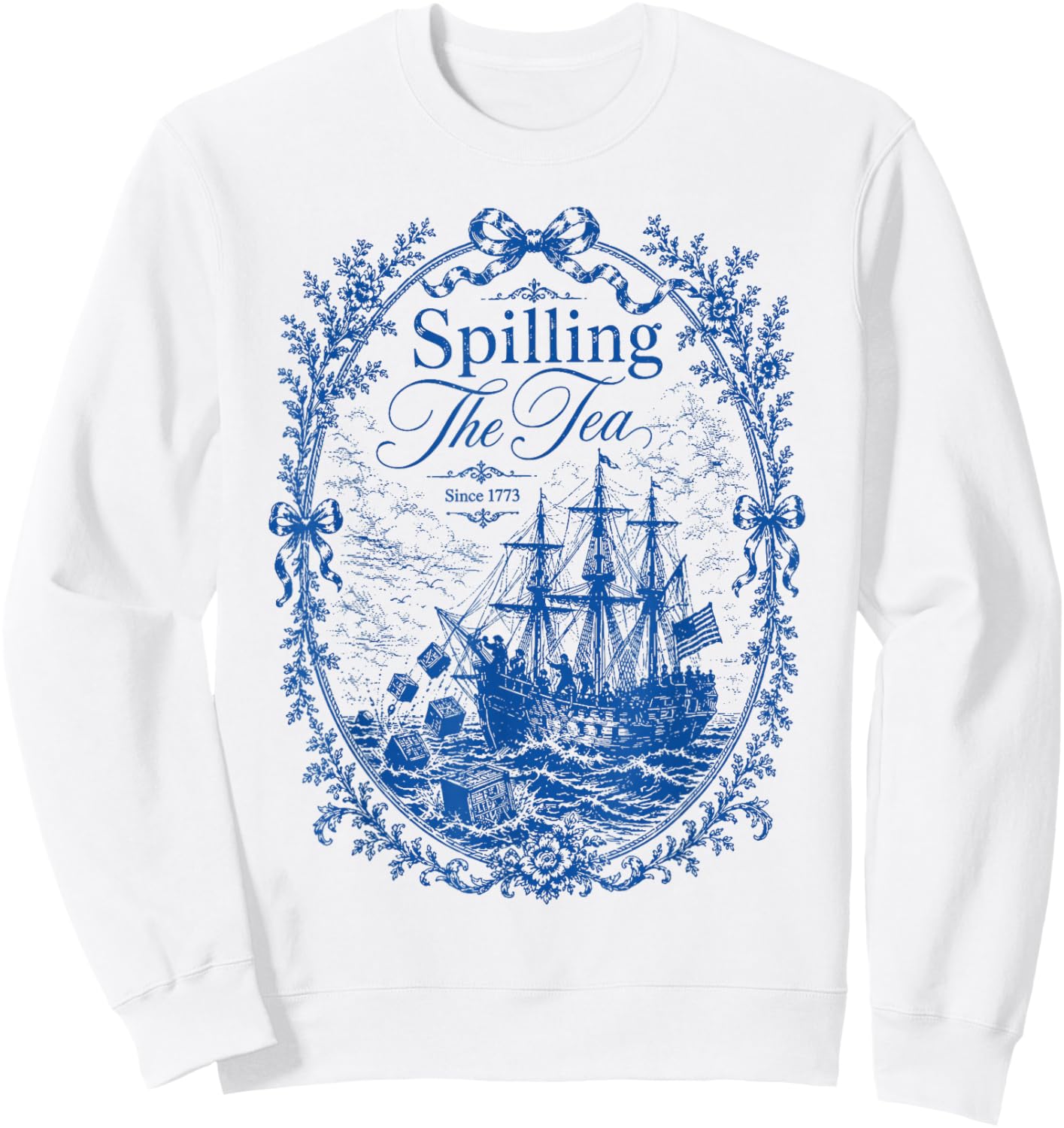 Blue Toile Spilling The Tea Since 1773 Party History Pun Sweatshirt - Sweatshirt | White