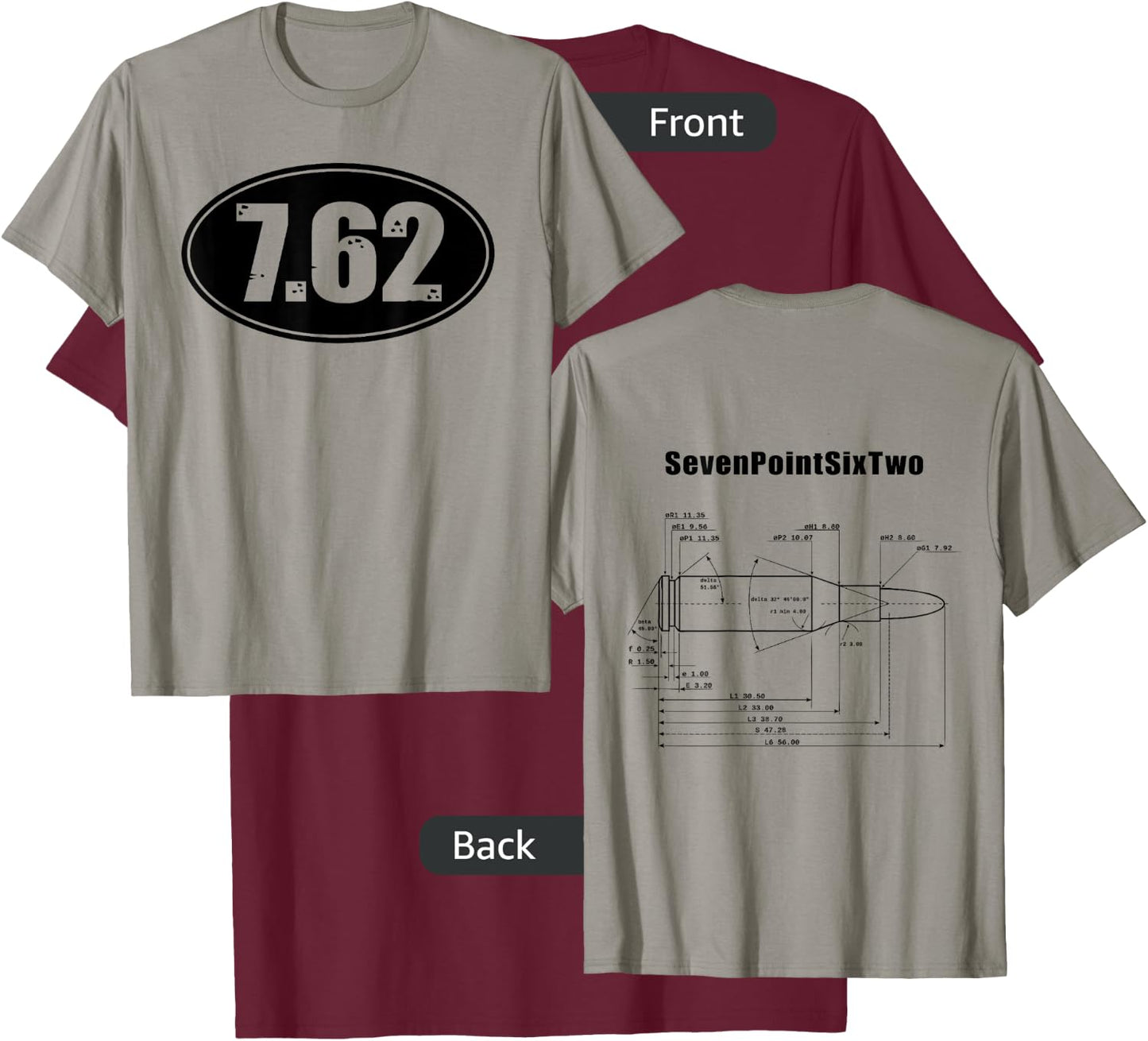 7.62 SKS AK47 Rifle Ammo Gun Bullet Size Dbl Sided Shirt T-Shirt - T-Shirt | Maroon