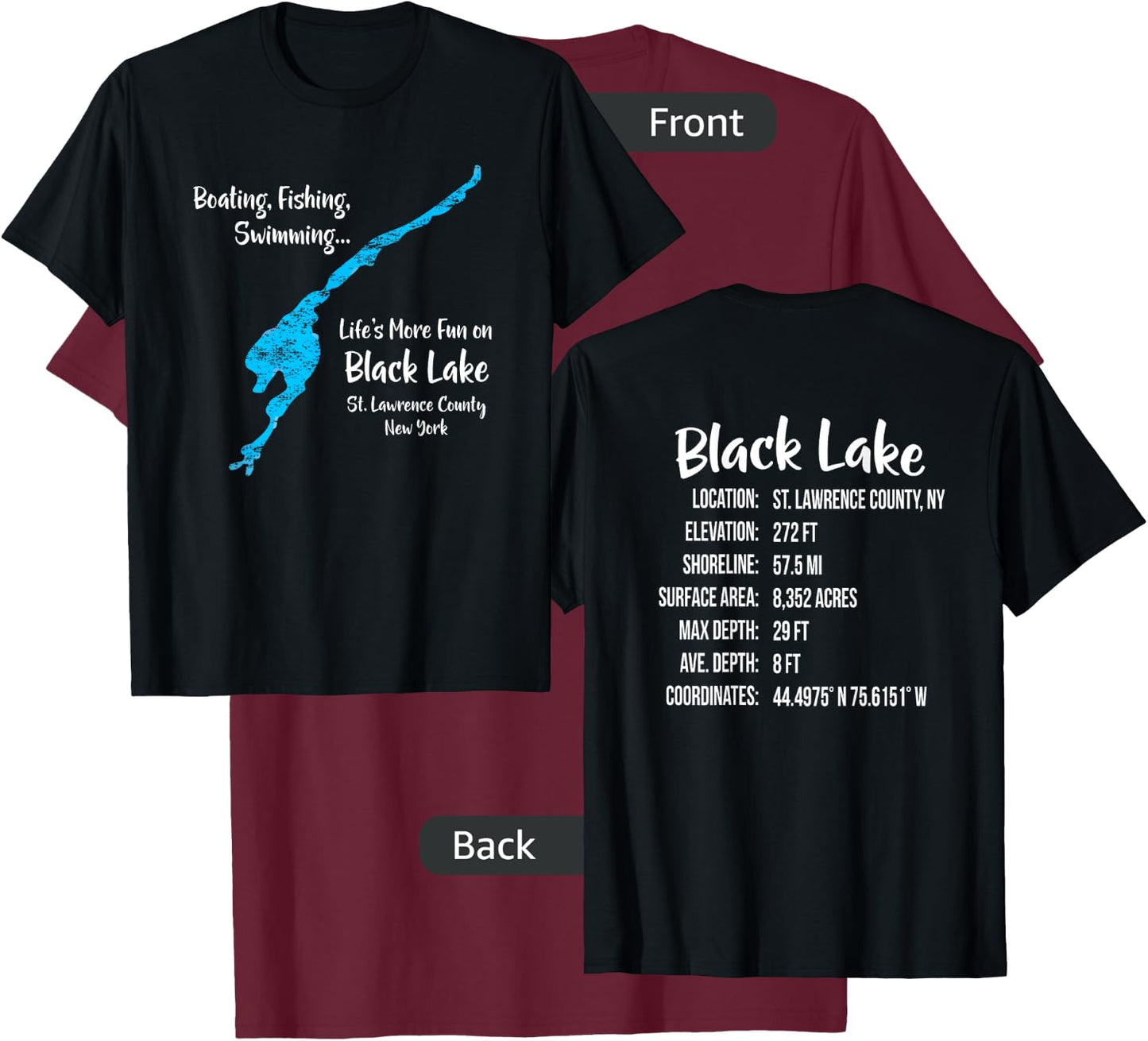 Black Lake Shirt St Lawrence County NY Lake Bum T-Shirt - T-Shirt | Maroon