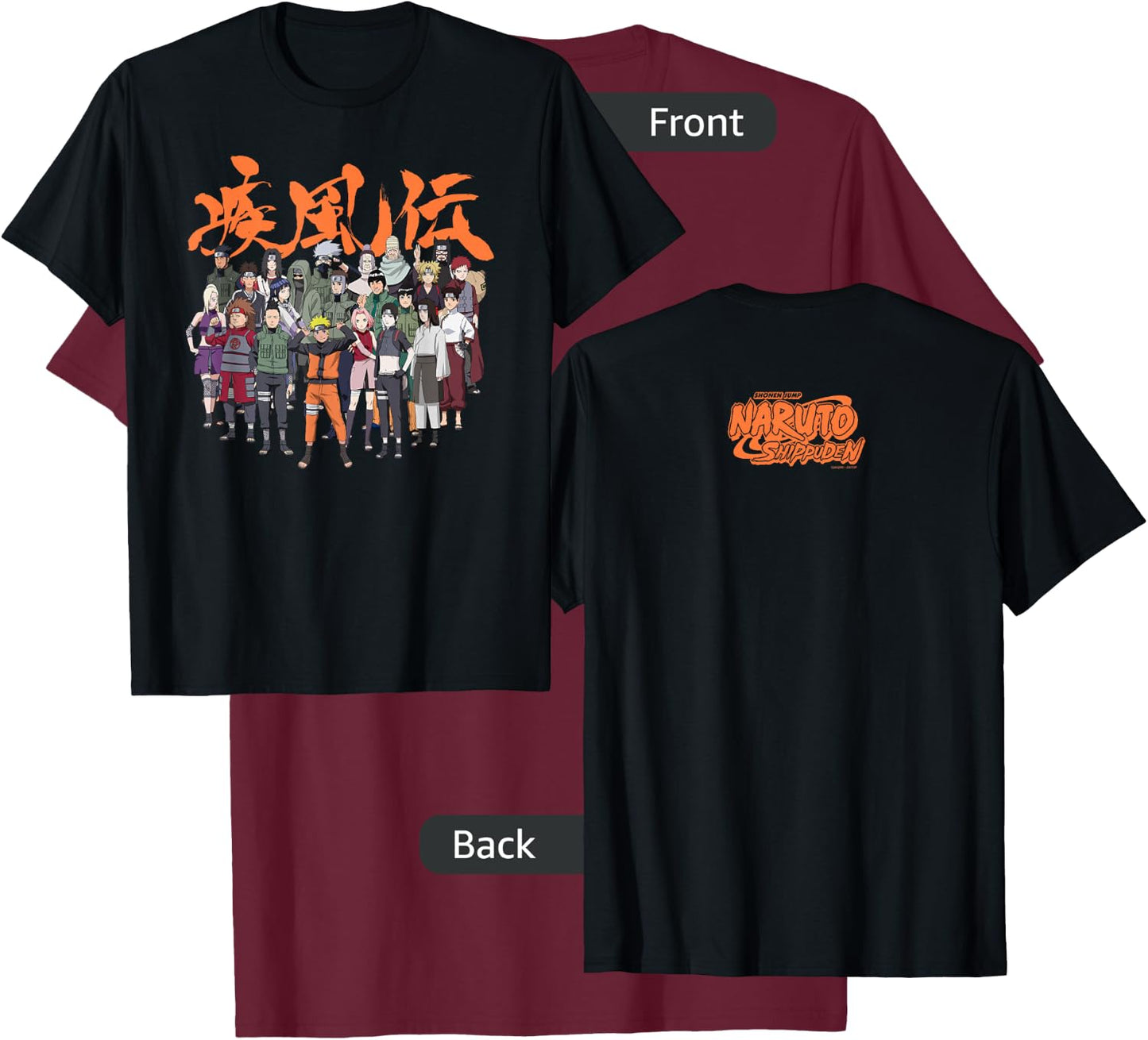 Naruto Shippuden Cast Group with Logo Front and Back Anime T-Shirt - T-Shirt | Maroon