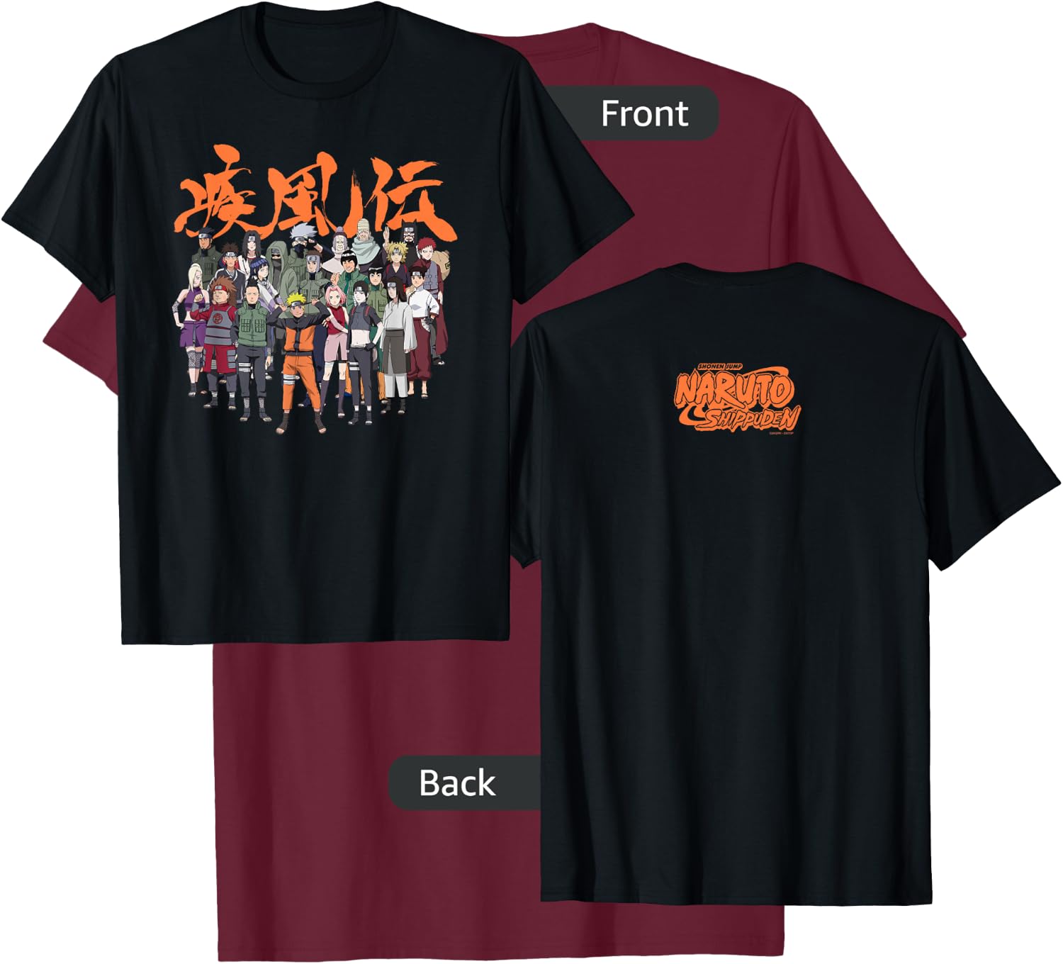 Naruto Shippuden Cast Group with Logo Front and Back Anime T-Shirt - T-Shirt | Maroon