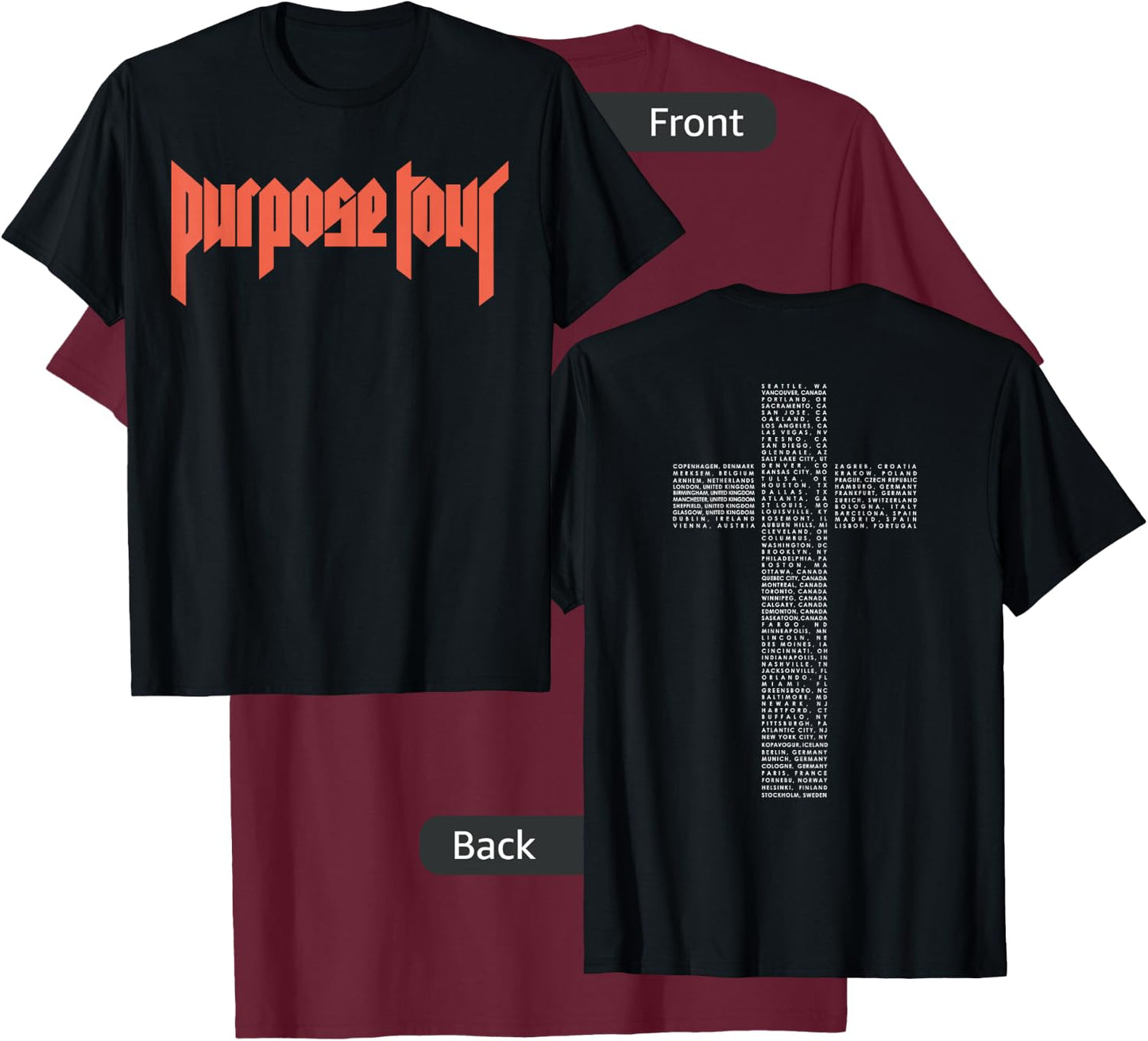 Justin Bieber Official Purpose Tour Cross Dateback T-Shirt - T-Shirt | Maroon