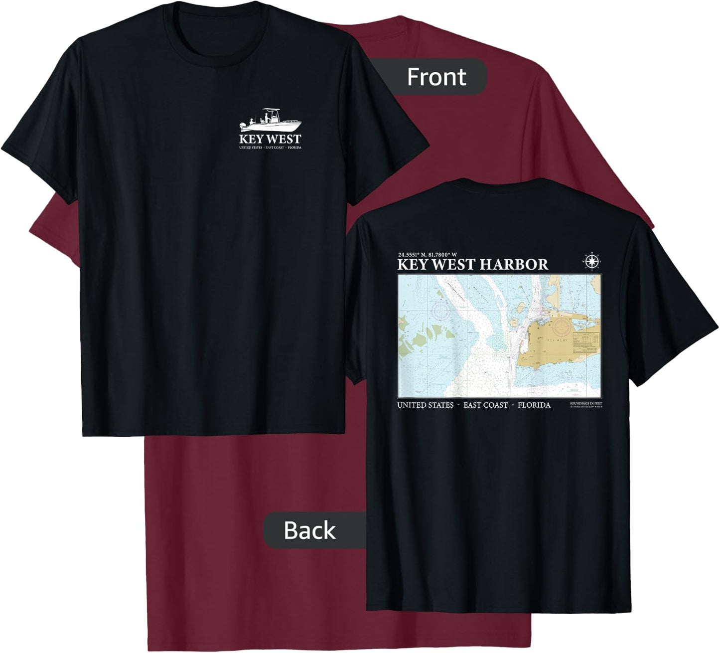 Key West Harbor Navigational Nautical Chart Florida Fishing T-Shirt - T-Shirt | Maroon