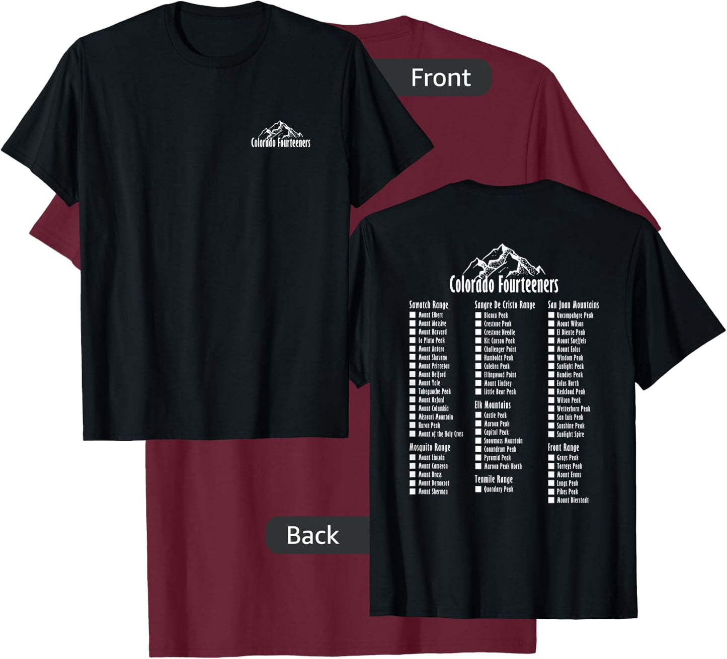 Colorado Fourteeners 2 Sided Checklist 14ers T-Shirt - T-Shirt | Maroon