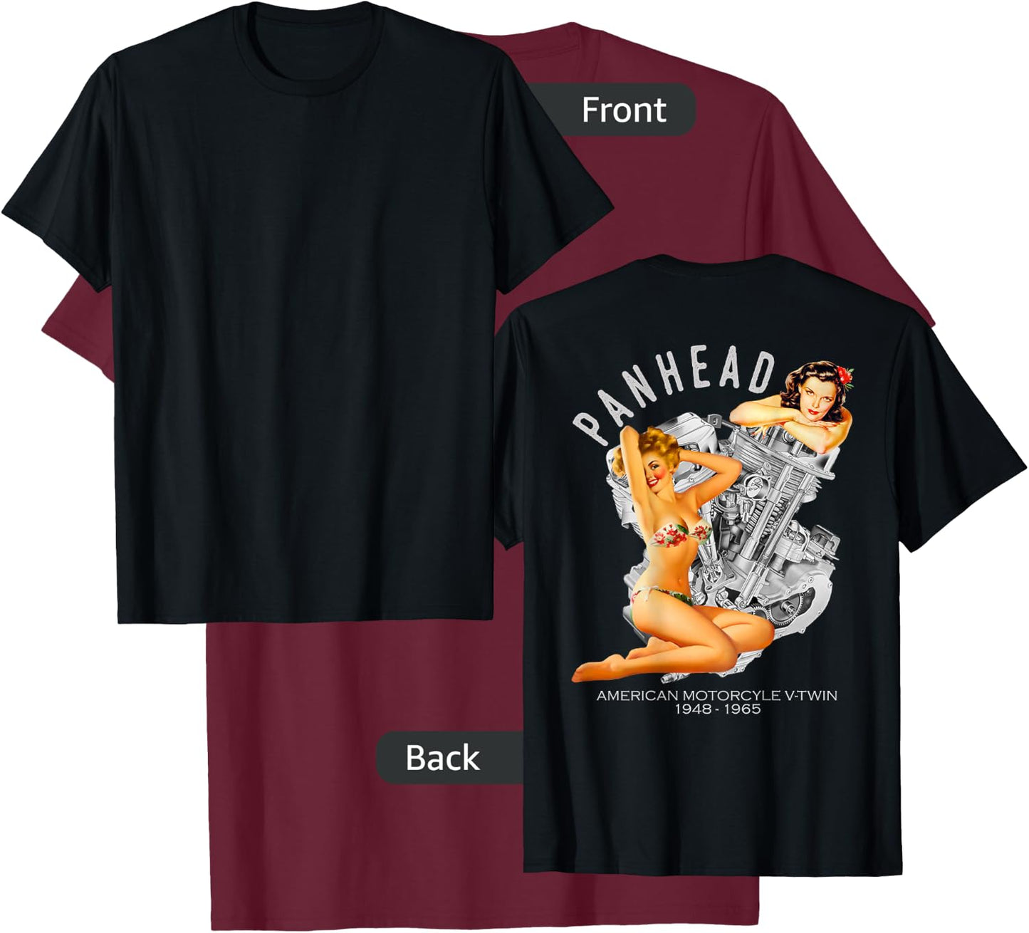 HD PanHead Retro Pinup V-Twin Engine Motorcycle 1948 Biker T-Shirt - T-Shirt | Maroon