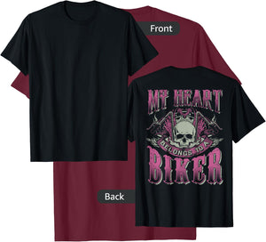 My Heart Belongs To A Biker Skull Motorcycle Babe Chick Wife T-Shirt - T-Shirt | Maroon
