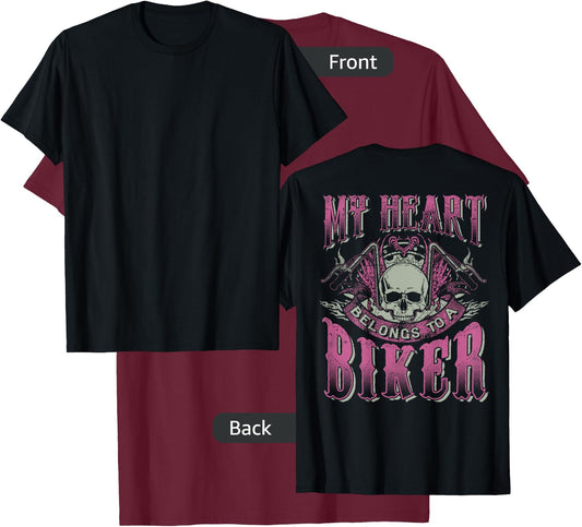 My Heart Belongs To A Biker Skull Motorcycle Babe Chick Wife T-Shirt - T-Shirt | Maroon