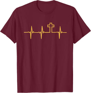 Christian Jesus GOD Religious Cross Heartbeat T-Shirt - T-Shirt | Maroon