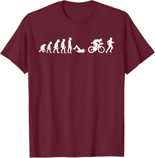 Funny Human Triathlon Evolution Triathlete Swim Run Cycle T-Shirt - T-Shirt | Maroon