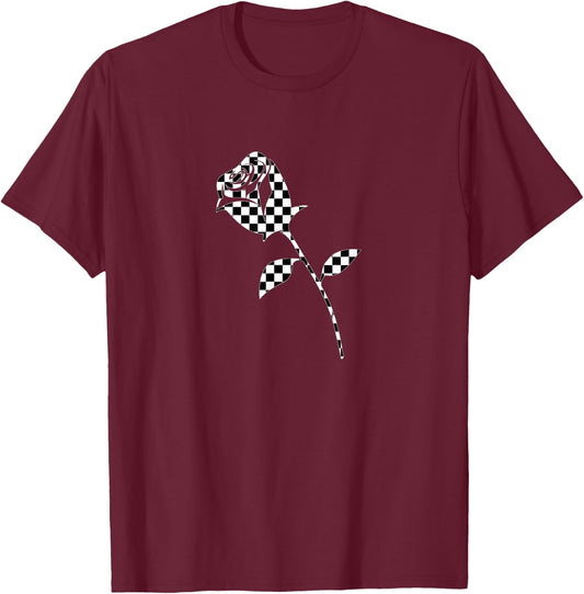 Checkered rose flower plaid black white racing girly t shirt T-Shirt - T-Shirt | Maroon