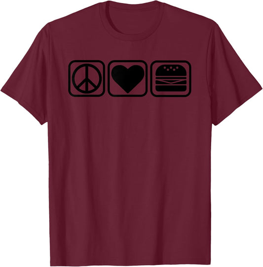 Peace Sign, Heart & Cheeseburger | Food Lovers Chef T-Shirt - T-Shirt | Maroon