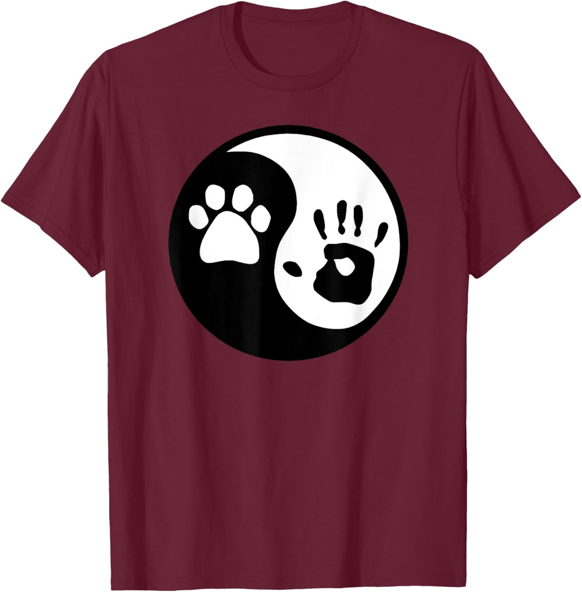 Dog Paw and Human Hand Print Yin Yang T-Shirt - T-Shirt | Maroon