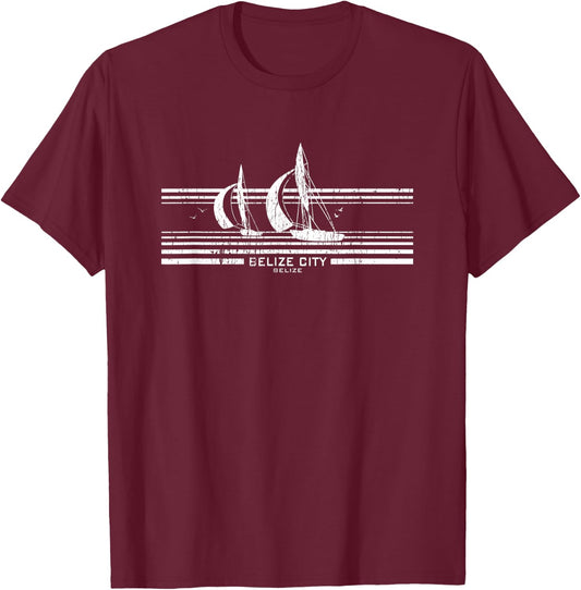Belize City Sailboat Vintage 70s Sailing T-Shirt - T-Shirt | Maroon