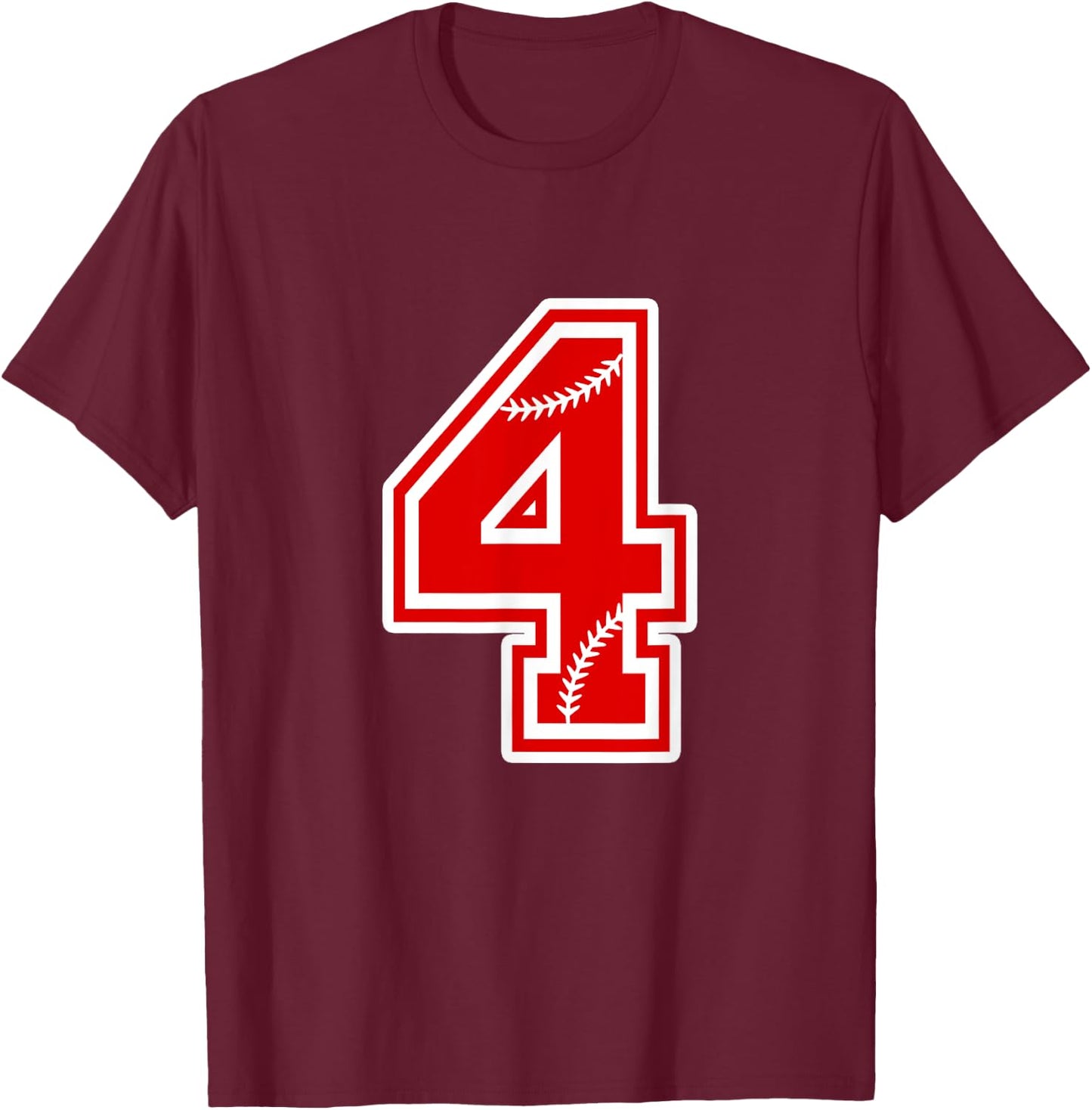 Number 4 Red Baseball Number 4th Birthday T Shirt T-Shirt - T-Shirt | Maroon