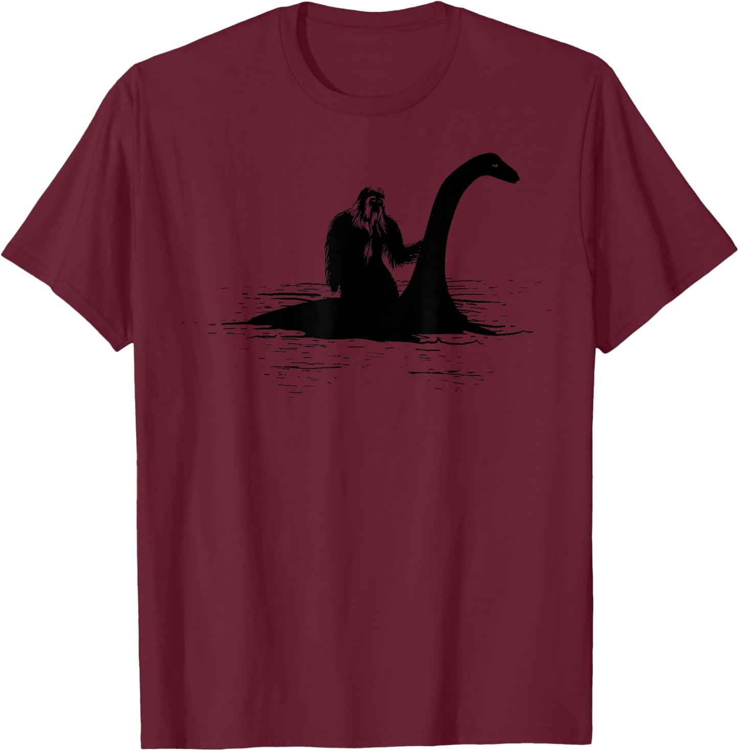 Bigfoot Riding Loch Ness Monster Cute Sasquatch Gift T-Shirt - T-Shirt | Maroon