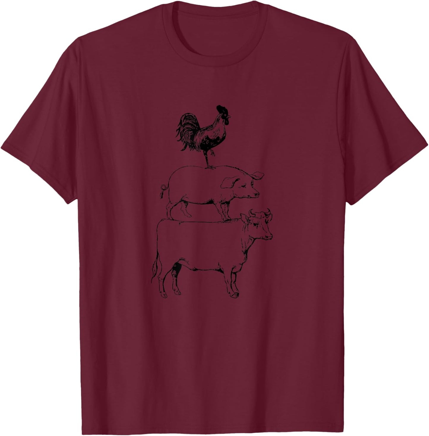 Stacked Farm Animals Cow Pig Rooster Meat Lover Farm Lover T-Shirt - T-Shirt | Maroon