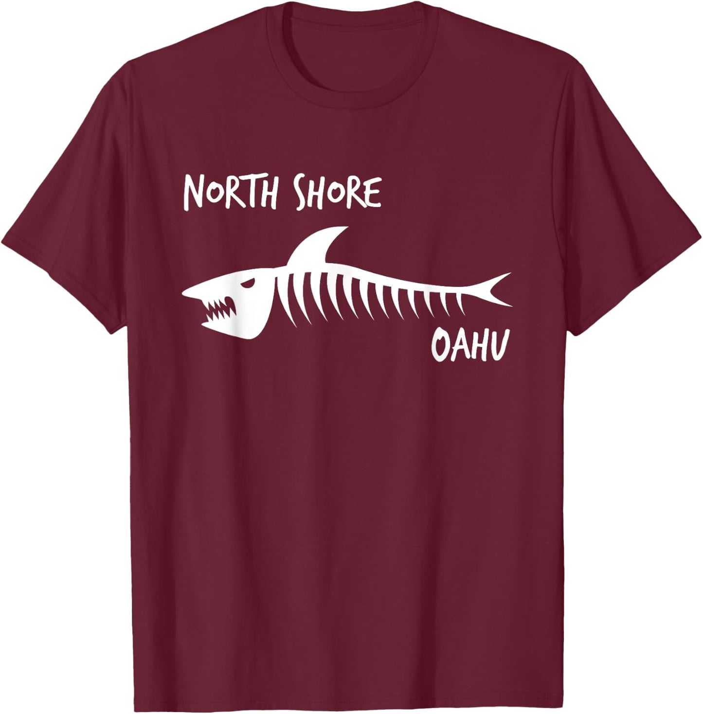 North Shore Oahu Shark Skeleton White Print T-Shirt - T-Shirt | Maroon