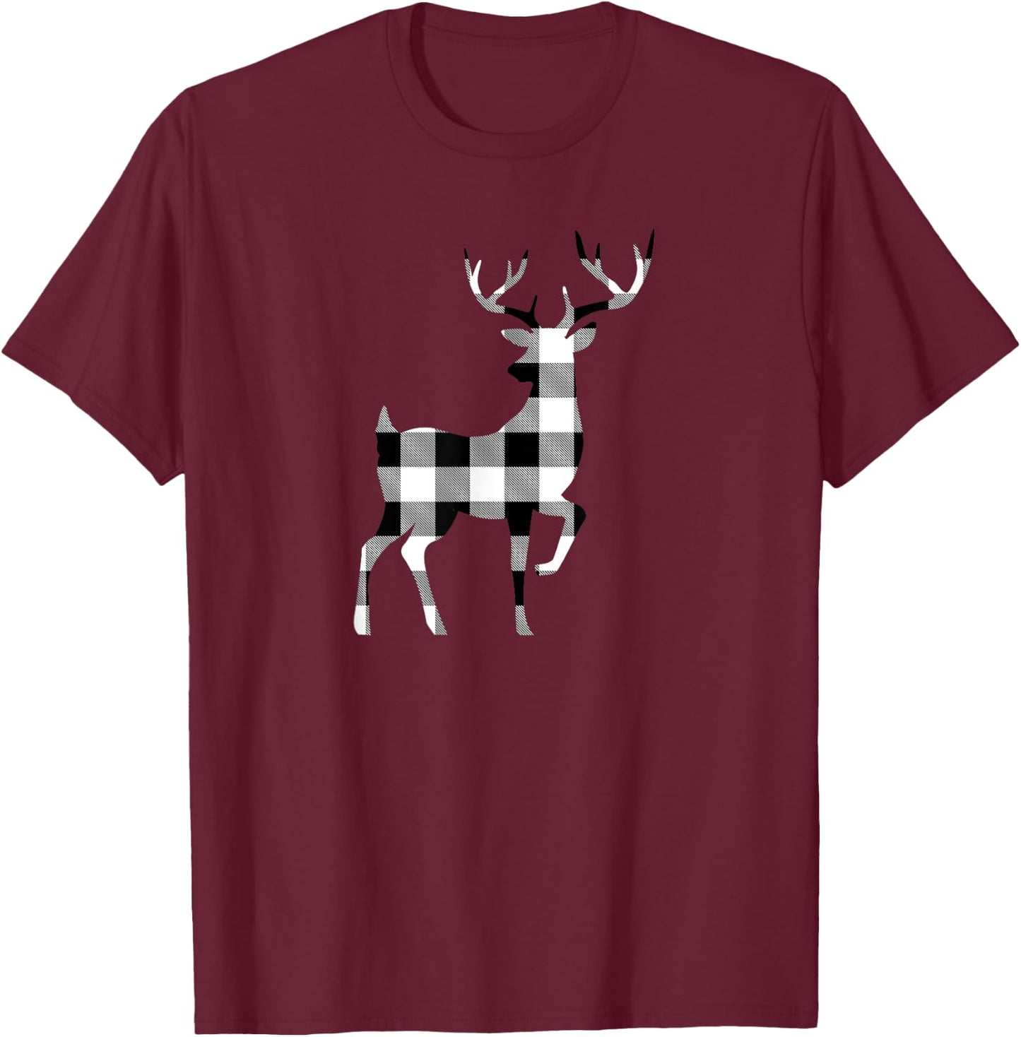 Plaid Reindeer Silhouette Minimal Winter Christmas Style T-Shirt - T-Shirt | Maroon