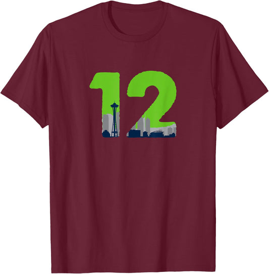 12 Seattle Sports Fan Skyline T-Shirt - T-Shirt | Maroon
