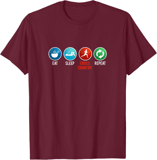 Funny XC Eat Sleep Cross Country Repeat Running Workout Gift T-Shirt - T-Shirt | Maroon