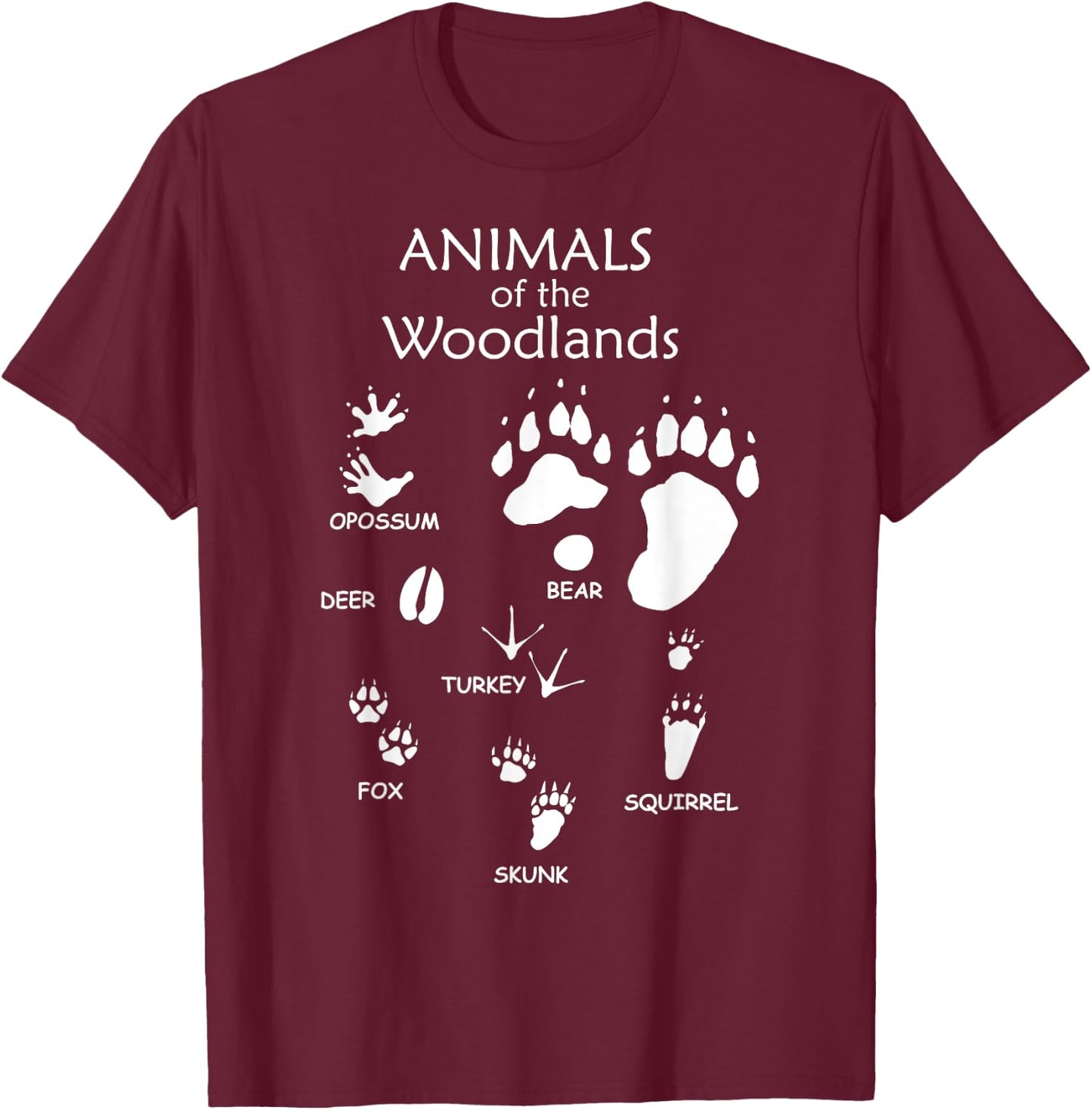 Woodland Cute Animal Paw Print Shirt, Bear Fox Skunk Turkey T-Shirt - T-Shirt | Maroon