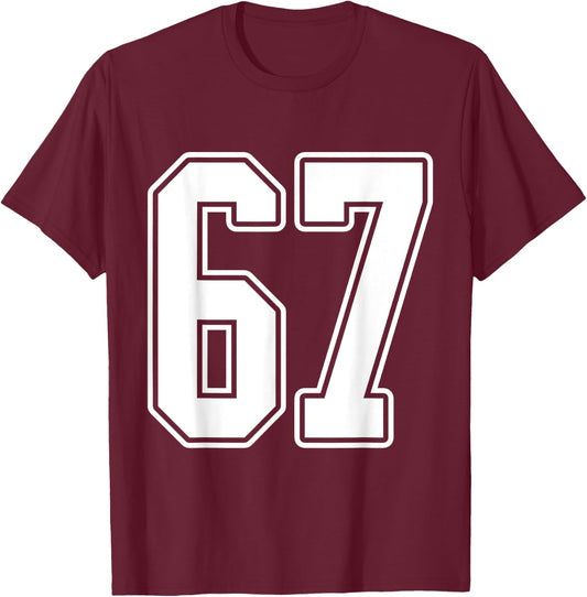 #67 White Outline Number 67 Sports Fan Jersey Style T-Shirt - T-Shirt | Maroon