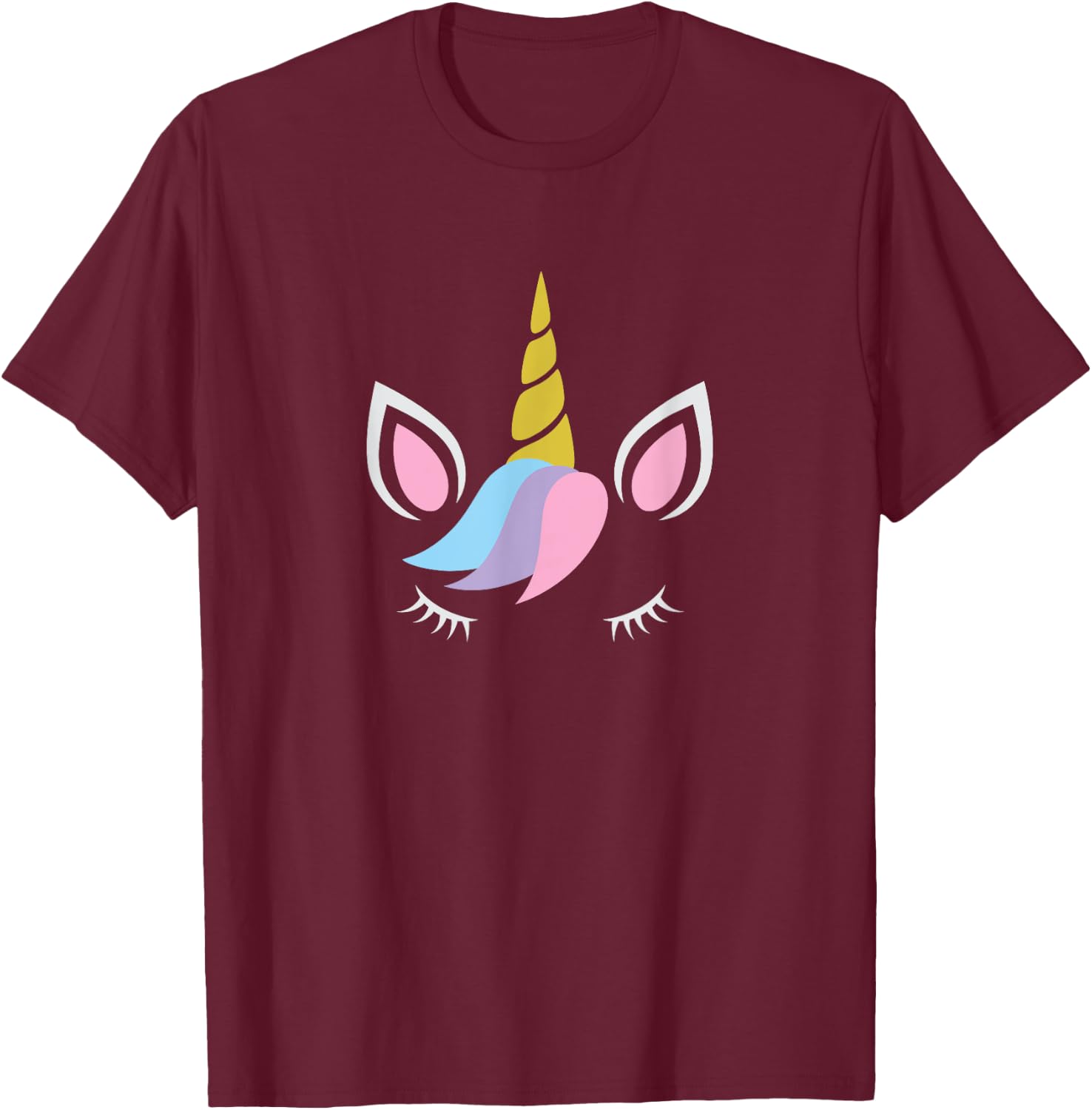 Unicorn Face And Eye Lashes With Colorful Pink Blue Hair T-Shirt - T-Shirt | Maroon