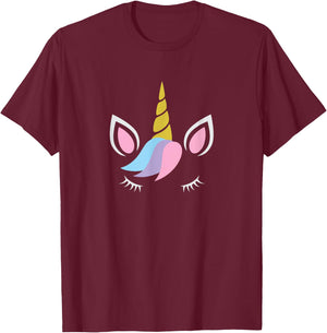 Unicorn Face And Eye Lashes With Colorful Pink Blue Hair T-Shirt - T-Shirt | Maroon