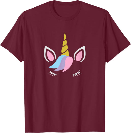 Unicorn Face And Eye Lashes With Colorful Pink Blue Hair T-Shirt - T-Shirt | Maroon