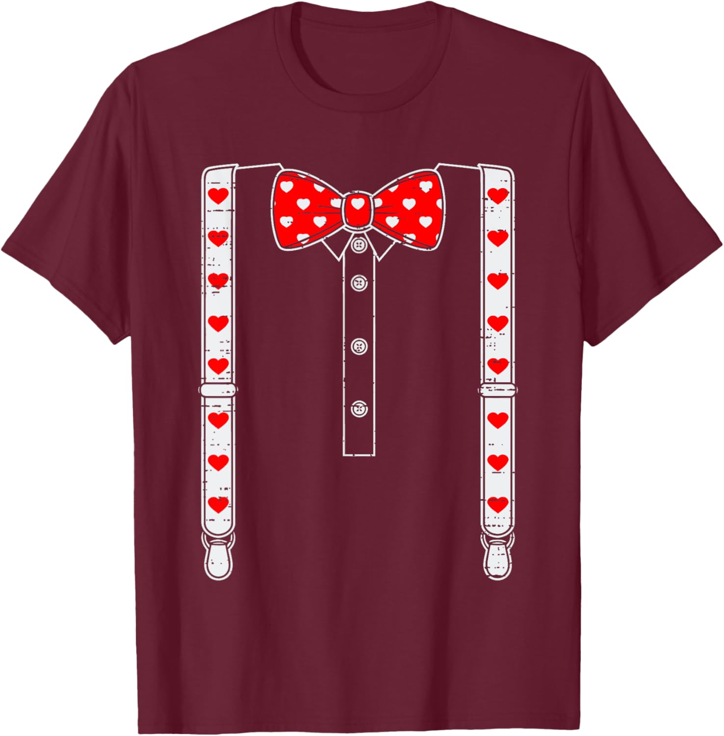 Valentines Day Suspenders And Hearts Bow Tie Boys Teens Kids T-Shirt - T-Shirt | Maroon