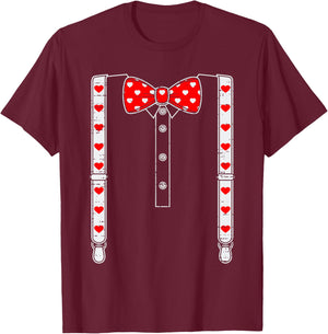Valentines Day Suspenders And Hearts Bow Tie Boys Teens Kids T-Shirt - T-Shirt | Maroon