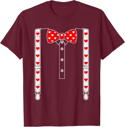 Valentines Day Suspenders And Hearts Bow Tie Boys Teens Kids T-Shirt - T-Shirt | Maroon