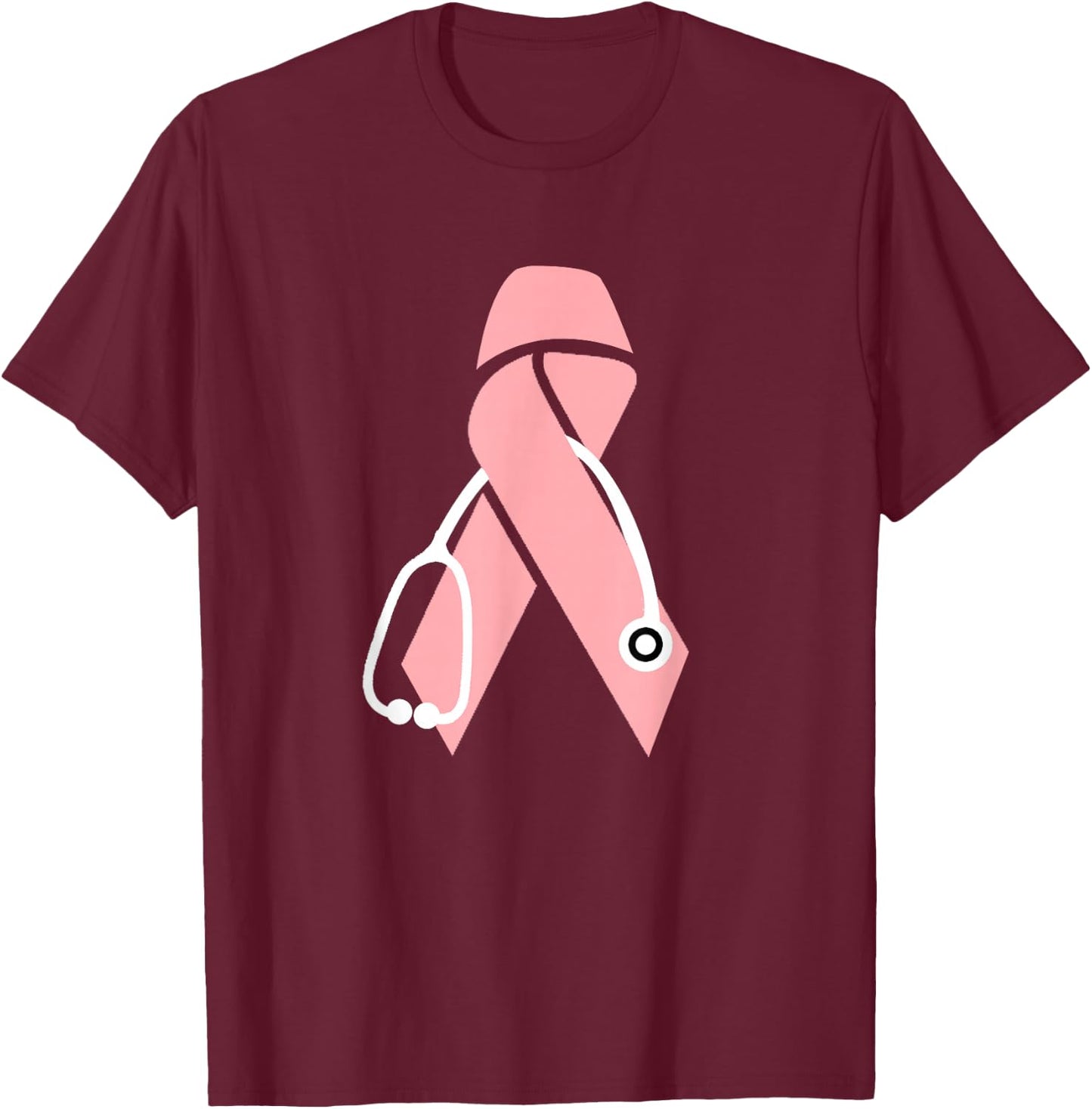 Breast Cancer Awareness Scrub Top Stethoscope Pink Ribbon T-Shirt - T-Shirt | Maroon