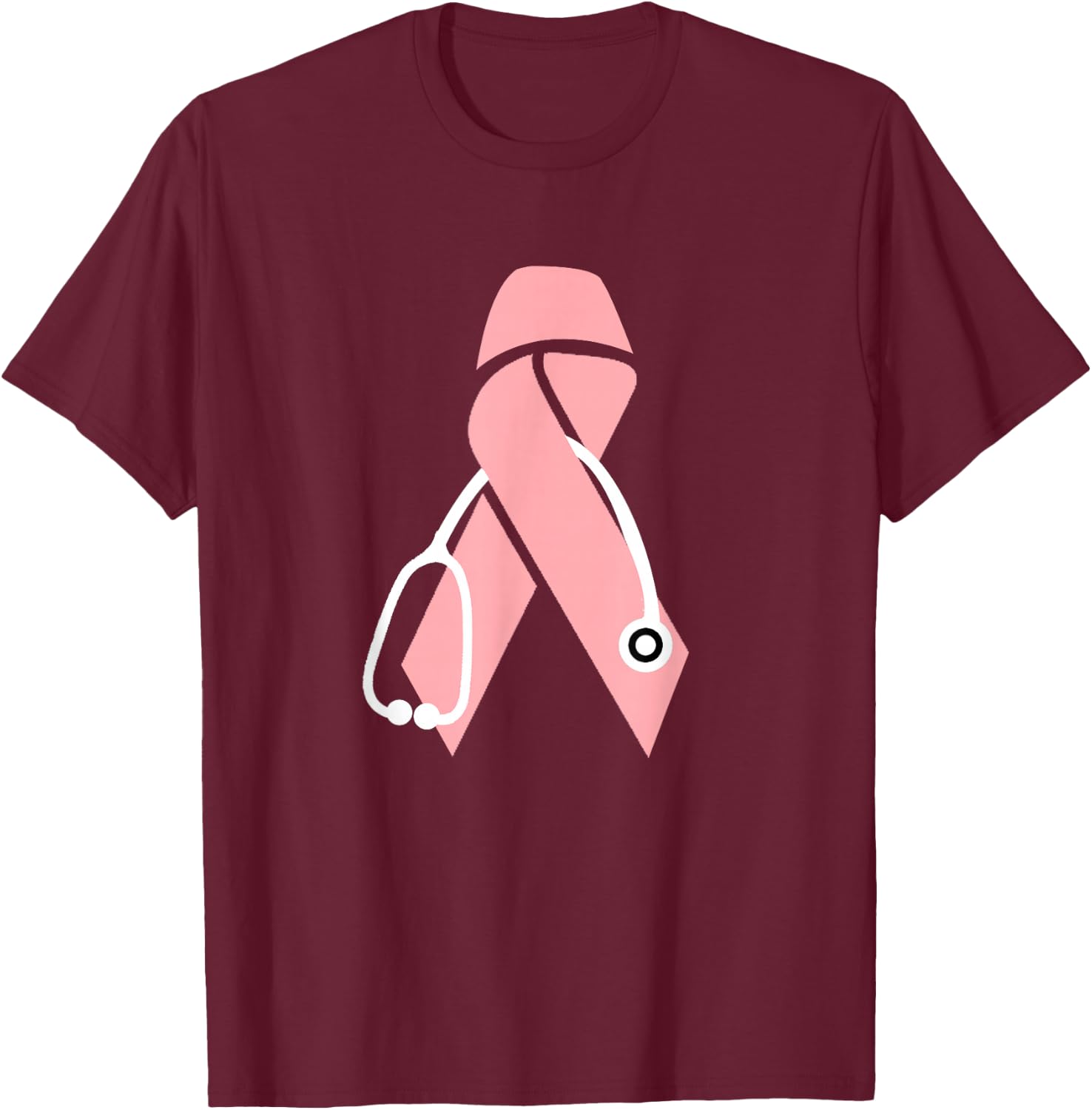Breast Cancer Awareness Scrub Top Stethoscope Pink Ribbon T-Shirt - T-Shirt | Maroon