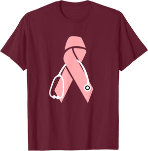 Breast Cancer Awareness Scrub Top Stethoscope Pink Ribbon T-Shirt - T-Shirt | Maroon