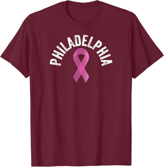 Philadelphia Pink | Pink Breast Cancer Awareness Pink Ribbon T-Shirt - T-Shirt | Maroon