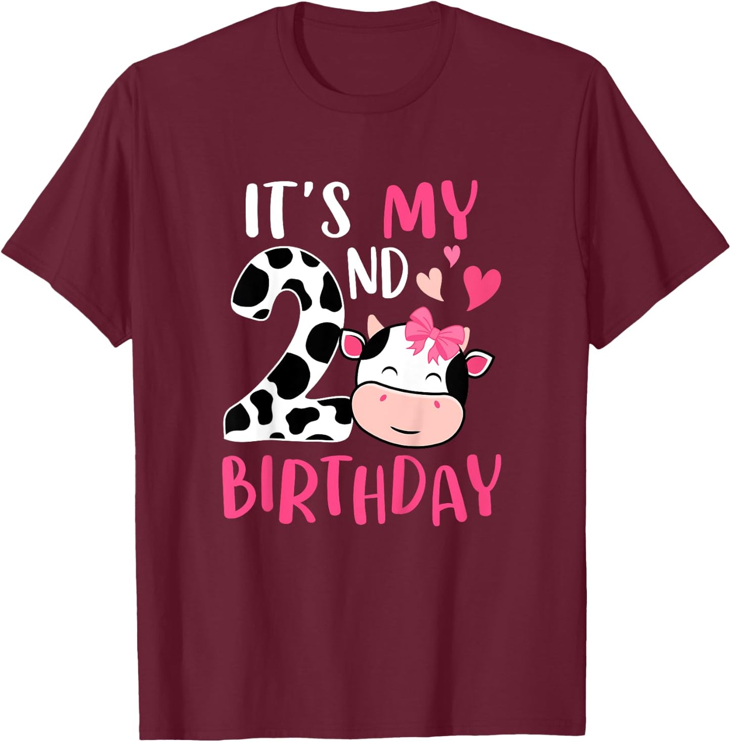 Kids 2nd Cow Birthday 2 Year Old Girl Cow Birthday Party T-Shirt - T-Shirt | Maroon