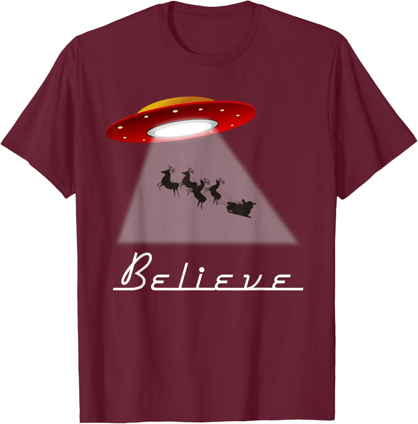 Funny Alien Christmas Shirt Believe UFO Santa Abduction Gift T-Shirt - T-Shirt | Maroon