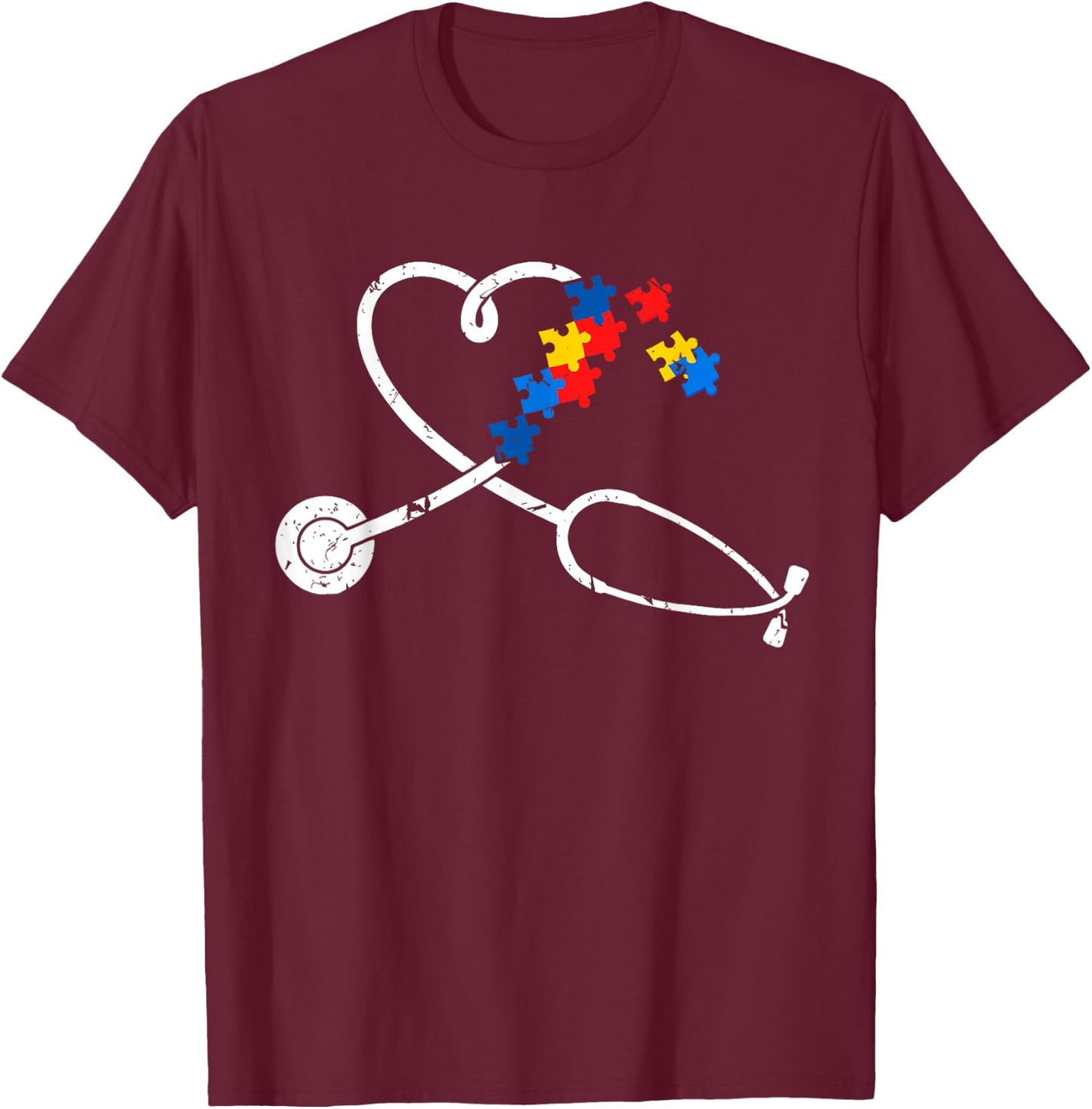 Funny Nurse Autism Puzzle Stethoscope Heart T-Shirt - T-Shirt | Maroon