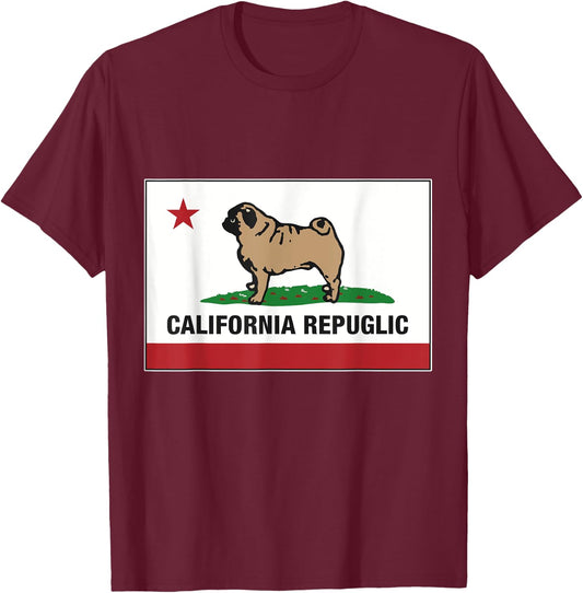 Funny Pug Shirt California Repuglic California Cali Shirt T-Shirt - T-Shirt | Maroon