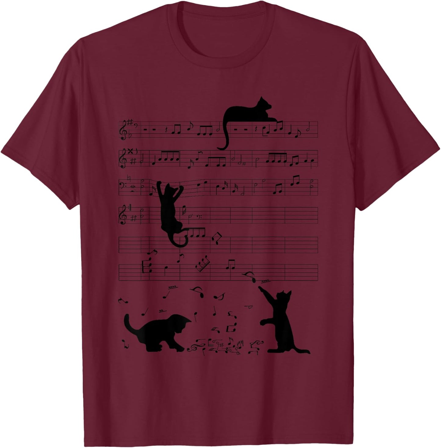 Cute Cat Kitty Playing Music Note Clef Musician Art T-Shirt - T-Shirt | Maroon