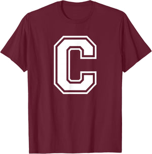 Letter C Name Initial Varsity Alphabet Monogram T-Shirt - T-Shirt | Maroon
