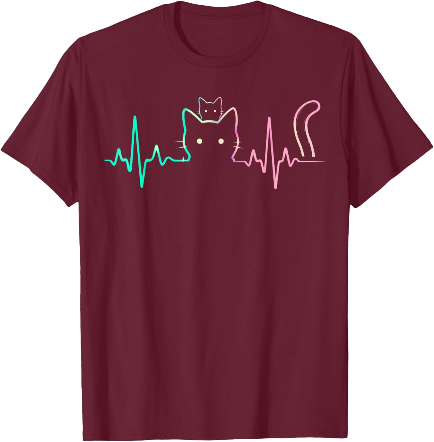 Cute Heartbeat Cat Lover Design Funny Feline Silhouette T-Shirt - T-Shirt | Maroon